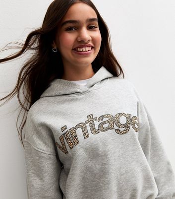 Girls Dark Grey Leopard Print Vintage Print Hoodie | New Look