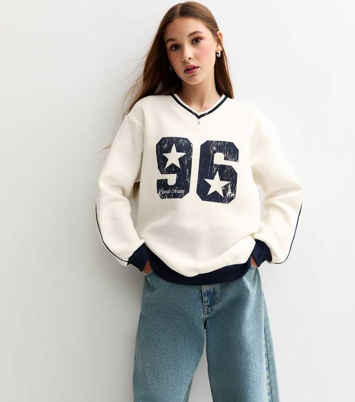 Girls Cream Distressed 96 Print V-Neck Logo Sweatshirt