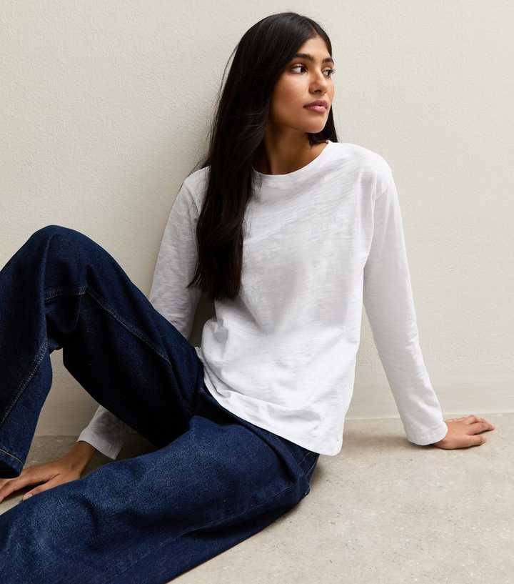 White Relaxed Fit Slub Long Sleeve T-Shirt