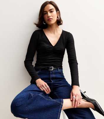 Black Textured Ruched Long Sleeve Top