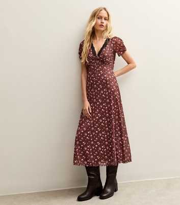 Brown Floral Print Lace Trimmed Midi Dress