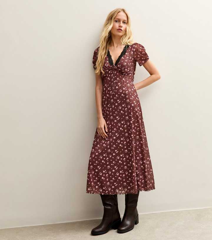 Brown Floral Print Lace Trimmed Midi Dress