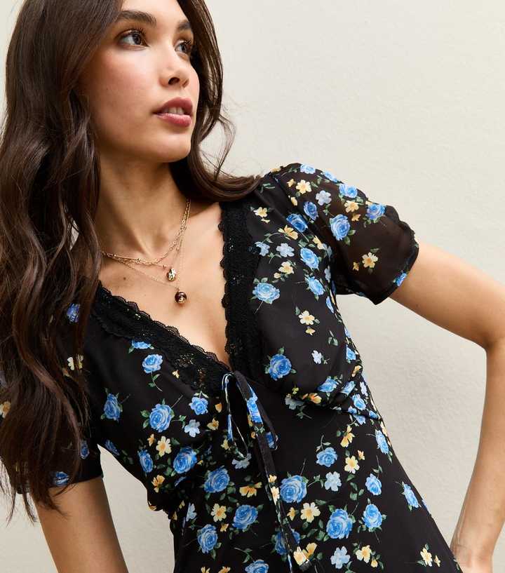 Black Rose Print Lace Trim Mesh Midi Dress