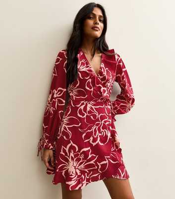 Red Flower Print Wrap Mini Dress