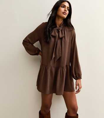 Dark Brown Tie Neck Smock Mini Dress