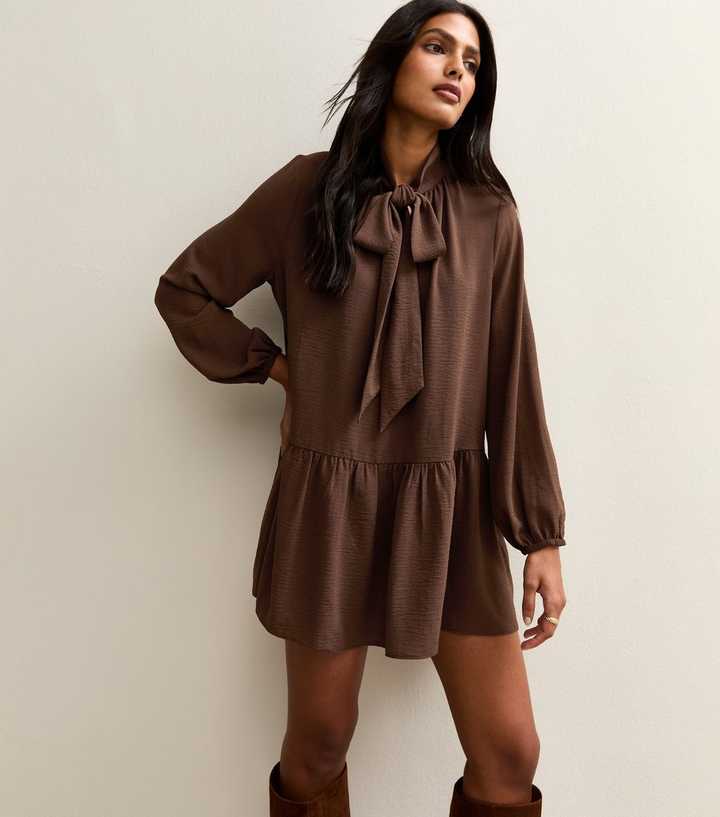 Dark Brown Tie Neck Smock Mini Dress | New Look Dark Brown Tie Neck Smock Mini Dress | New Look