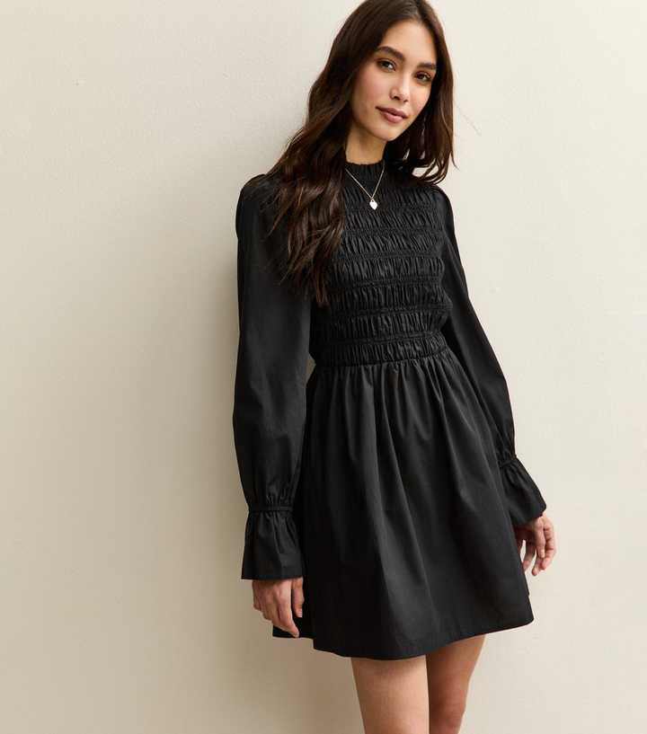 Black Shirred Bodice Long Sleeve A-line Mini Dress