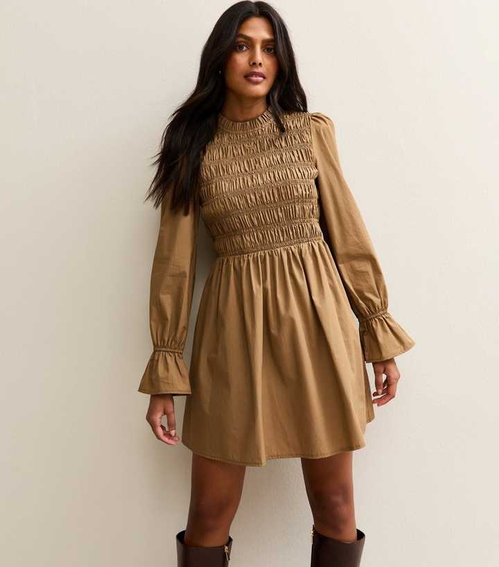 Light Brown Shirred Bodice Long Sleeve A-line Mini Dress | New Look