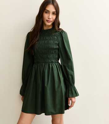 Dark Green Shirred Bodice Long Sleeve A-line Mini Dress
