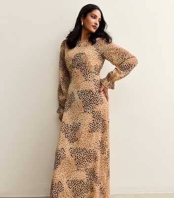 Brown Animal Print Long Sleeve Chiffon Maxi Dress