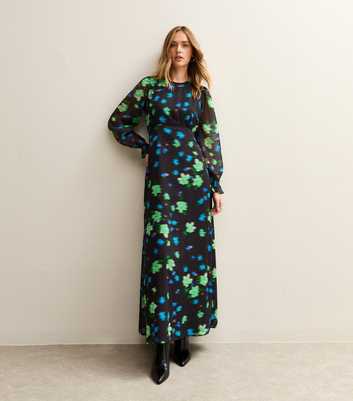 Black Blurry Floral Print Long Sleeve Chiffon Maxi Dress