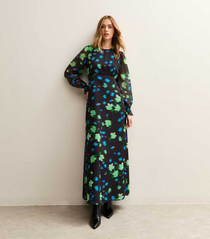 Black Blurry Floral Print Long Sleeve Chiffon Maxi Dress