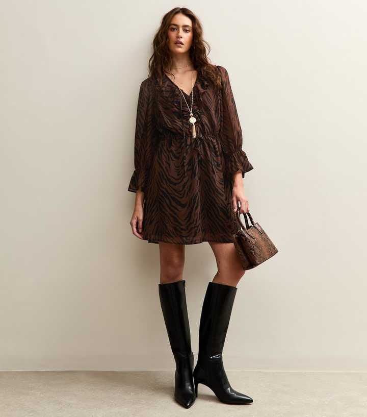 Brown Animal Print Chiffon Mini Dress