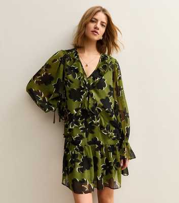 Green Floral Frill Neck Mini Dress
