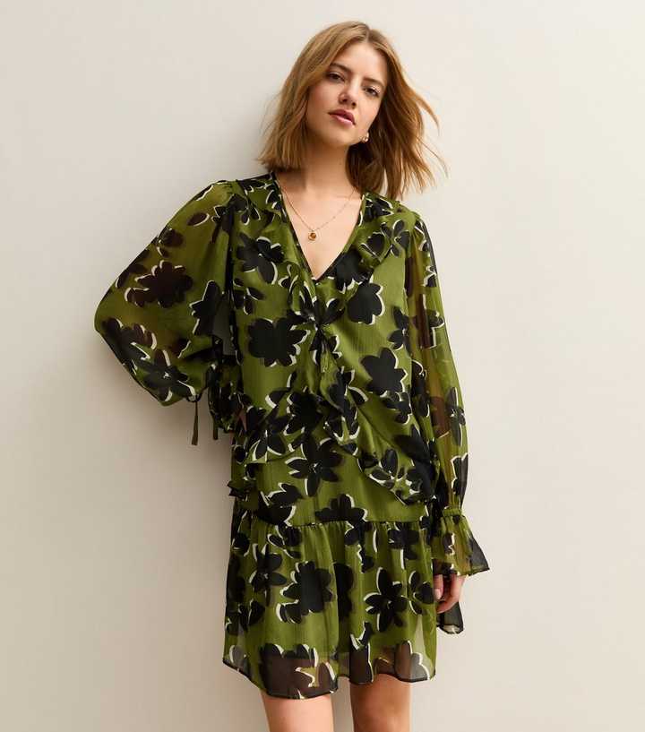 Green Floral Frill Neck Mini Dress