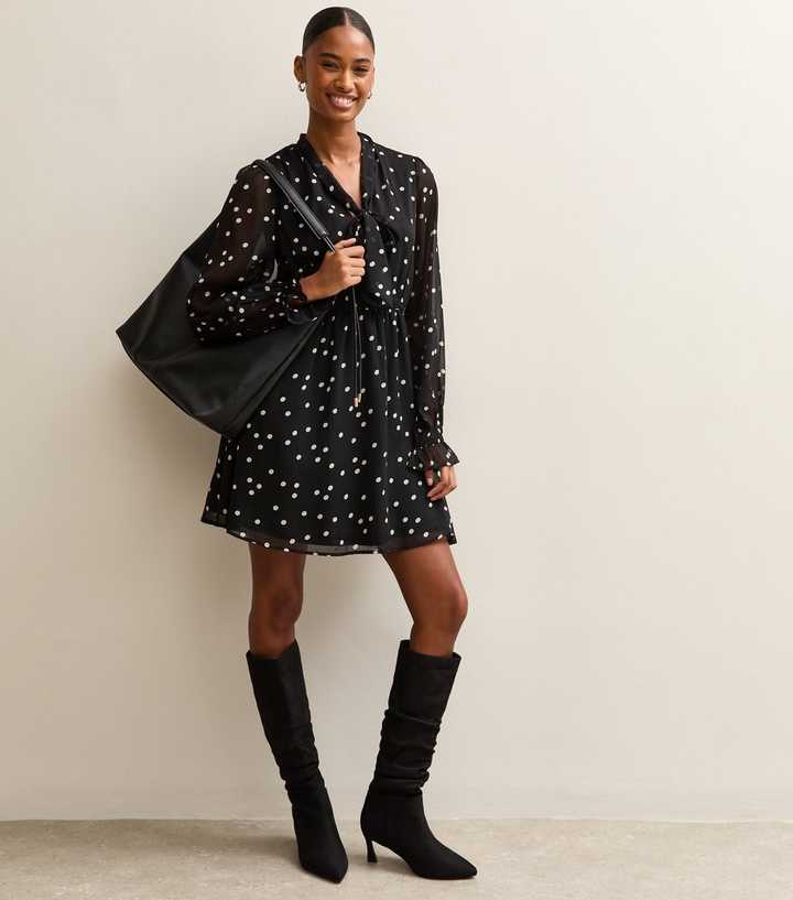 Black Polka Dot Pussybow Mini Dress