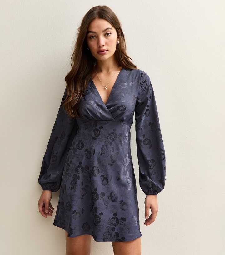 Navy Floral Jacquard V-Neck Mini Dress