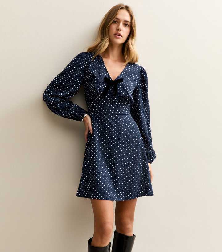 Blue Polka Dot Print Bow Trim Long Sleeve Mini Dress