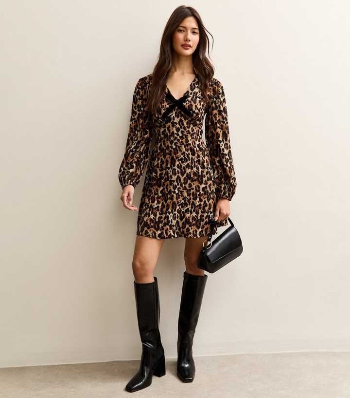 Brown Animal Print Velvet Bow Mini Dresss