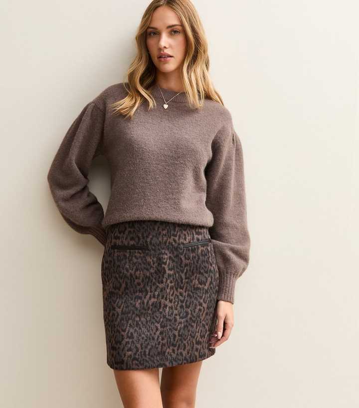 Brown Brushed Leopard Print Mini Skirt