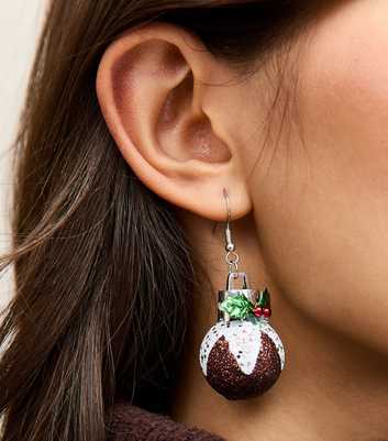 Silver Tone Christmas Pudding Drop Earrings
