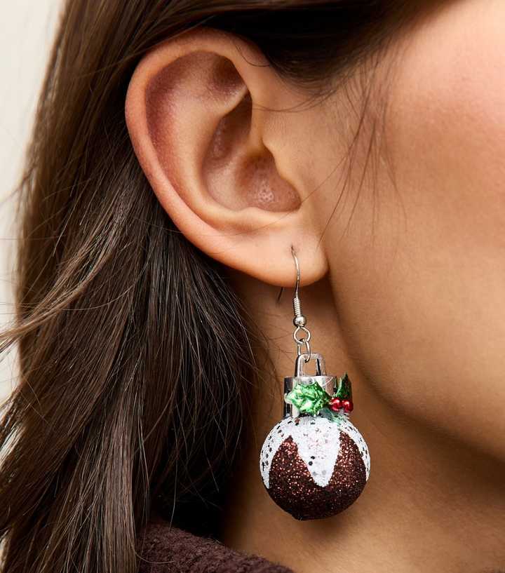 Silver Tone Christmas Pudding Drop Earrings