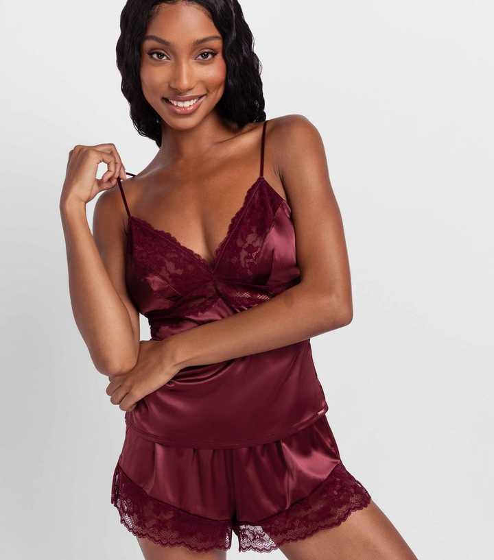 Dorina Bright Red Lace Trim Satin Camisole
