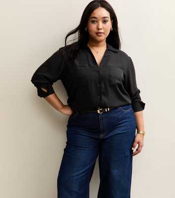 Curves Black Front Pocket V-Neck Shirt