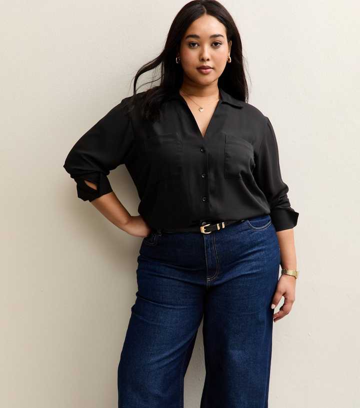 Curves Black Front Pocket V-Neck Shirt