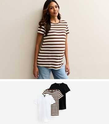 Maternity Pack Of 3 Brown Stripe, White and Black Relaxed T-Shirts