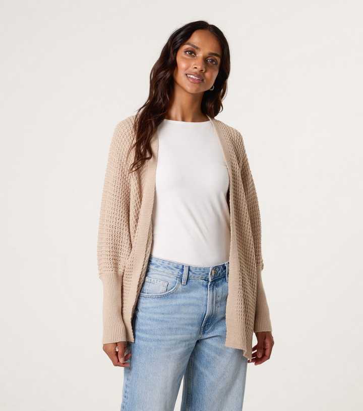 Blue Vanilla Oatmeal Open Front Waffle Knit Cardigan