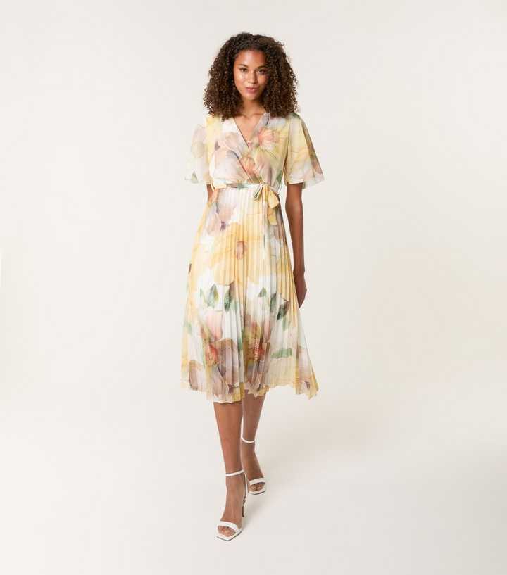 Blue Vanilla Bright Yellow Floral Print Pleated Midi Dress