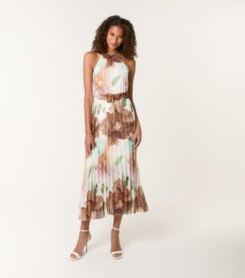 Blue Vanilla Dark Khaki Floral Print Pleated Midi Dress
