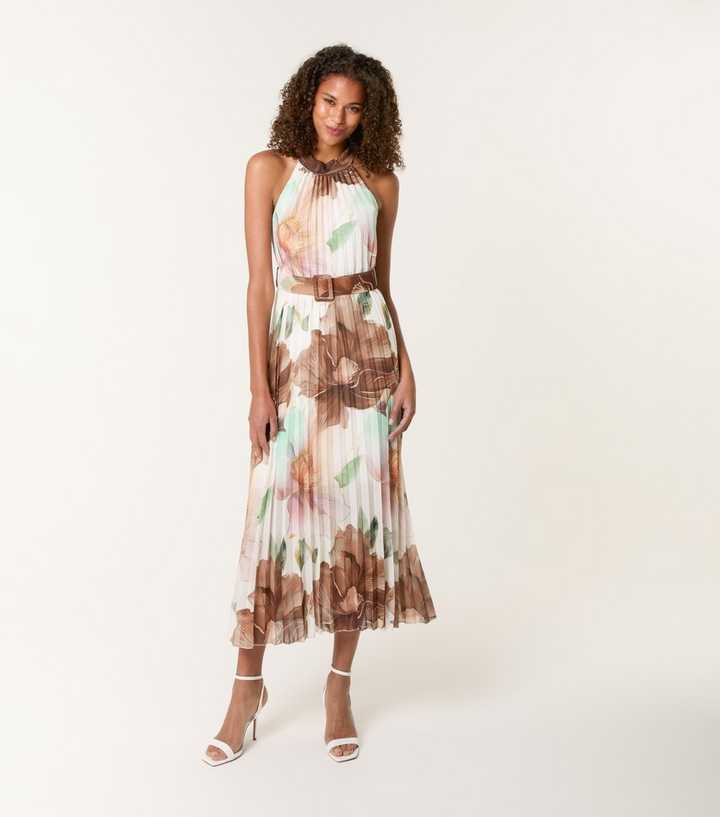 Blue Vanilla Dark Khaki Floral Print Pleated Midi Dress