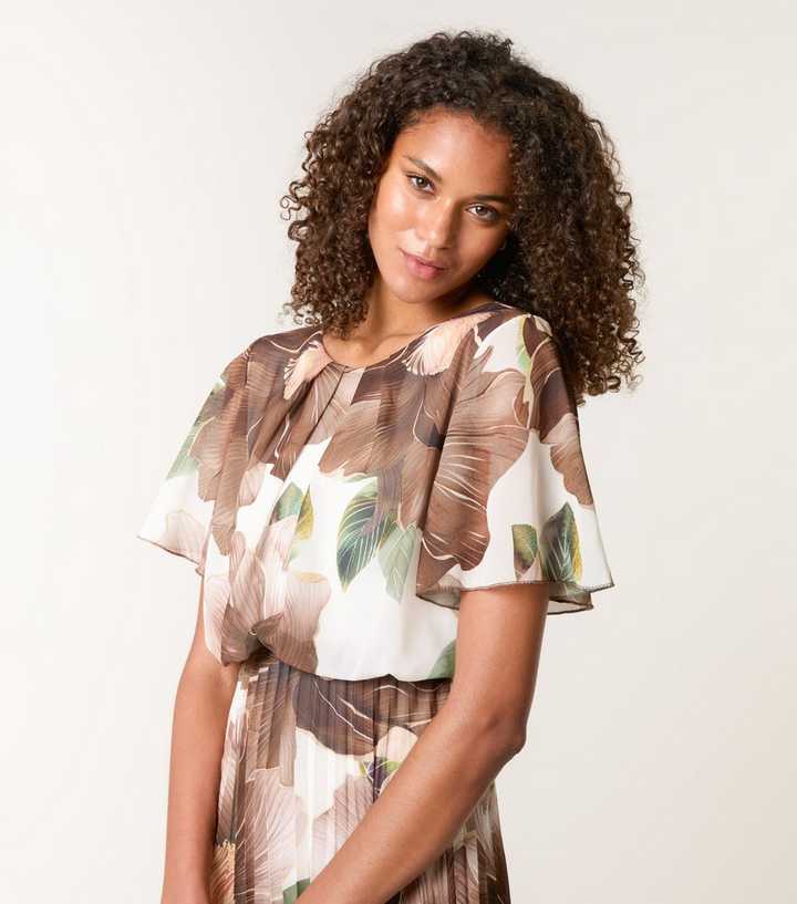 Blue Vanilla Dark Brown Floral Print Pleated Midi Dress New Look