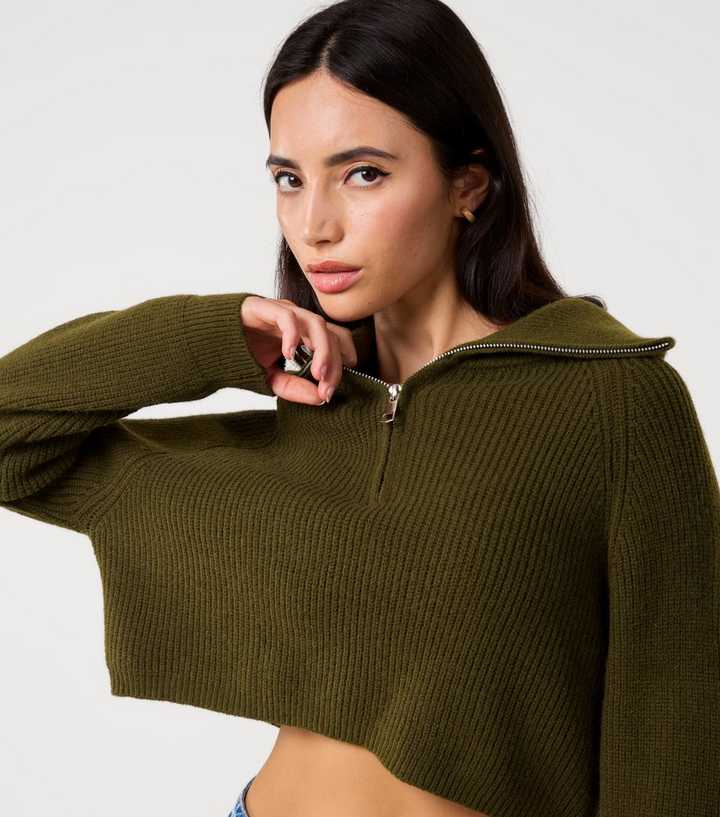 Pink Vanilla Dark Khaki Half Zip Knit Jumper
