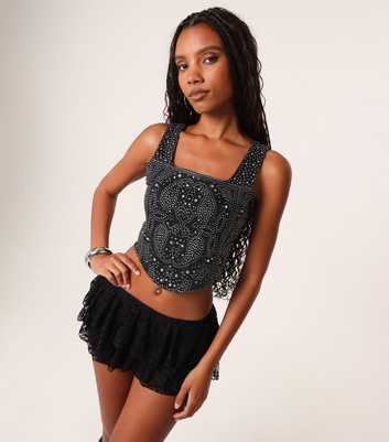 Pink Vanilla Black Diamanté Denim Corset Top