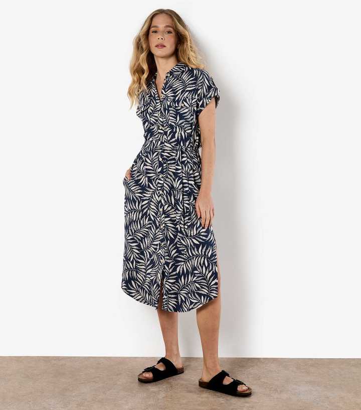 Apricot Navy Flowing Leaves Print Belted Shirt Dress