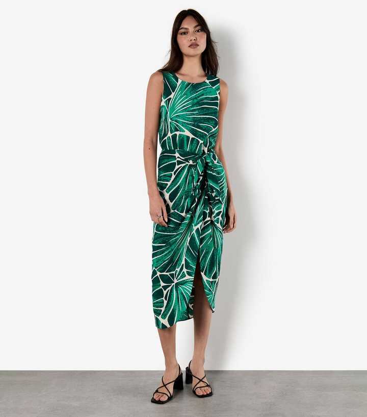 Apricot Green Shell Print Tie Waist Midi Skirt