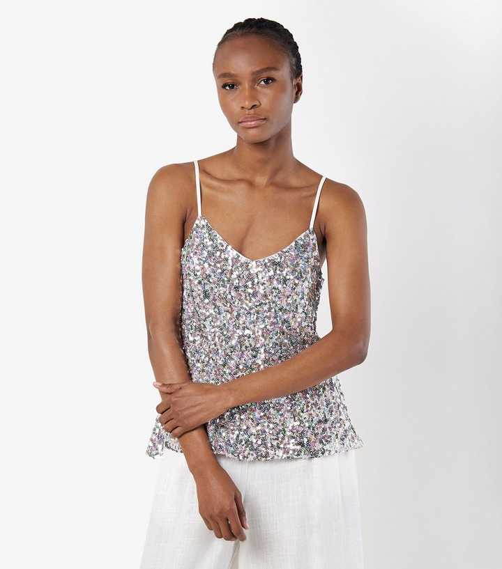 Apricot Mint Green Sequin Embellished Cami Top