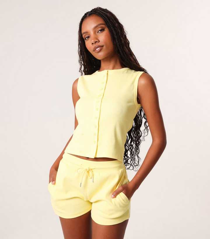 Pink Vanilla Light Yellow Ribbed Sleeveless Shorts Set
