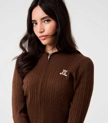 Pink Vanilla Brown Teddy Embroidered Cable Knit Hoodie