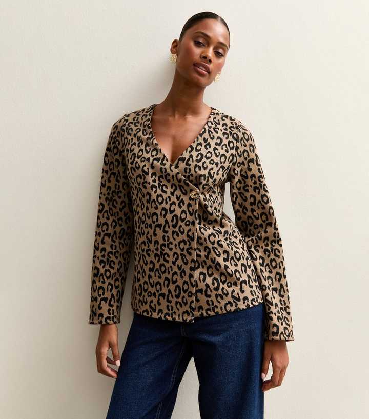 Brown Soft Touch Leopard Print Wrap Cardigan