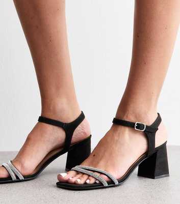 Black Faux Suede Embellished Block Heel Sandals