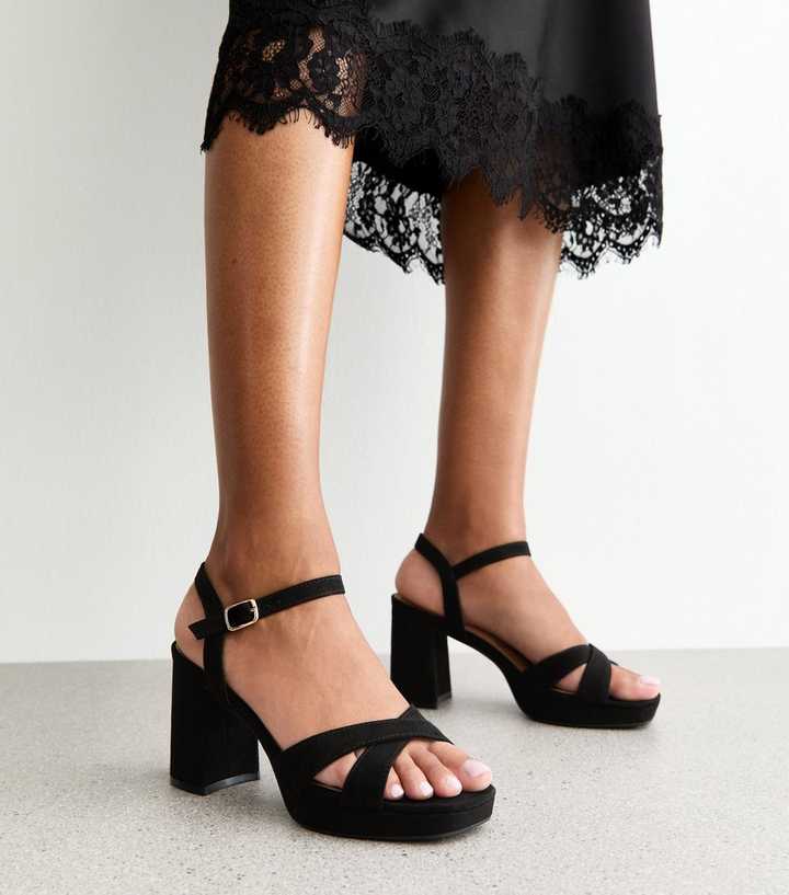 Black Faux Suede Cross Strap Heel Sandals
