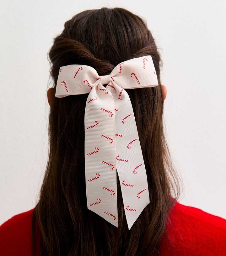 Pink Christmas Candy Cane Print Hair Bow