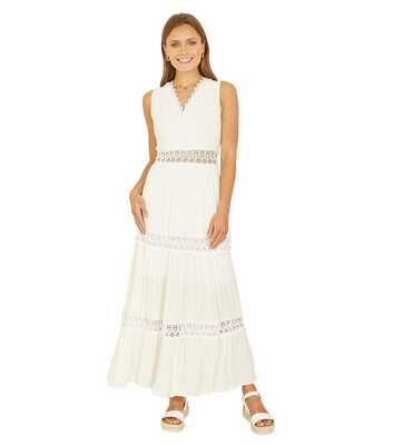 Yumi White Lace Trim Tiered Midi Dress