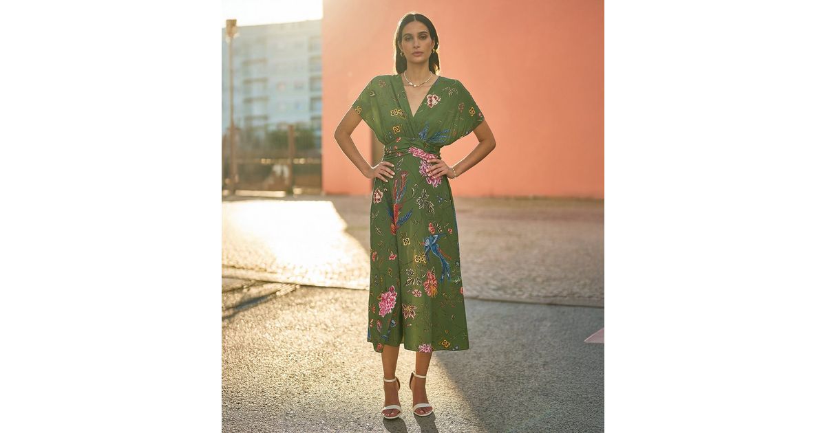 Yumi Green Bird Floral Print Wrap Style Midi Dress | New Look