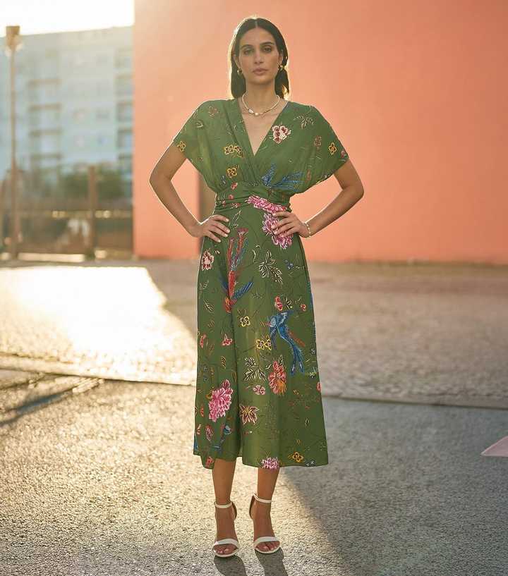 Yumi Green Bird Floral Print Wrap Style Midi Dress