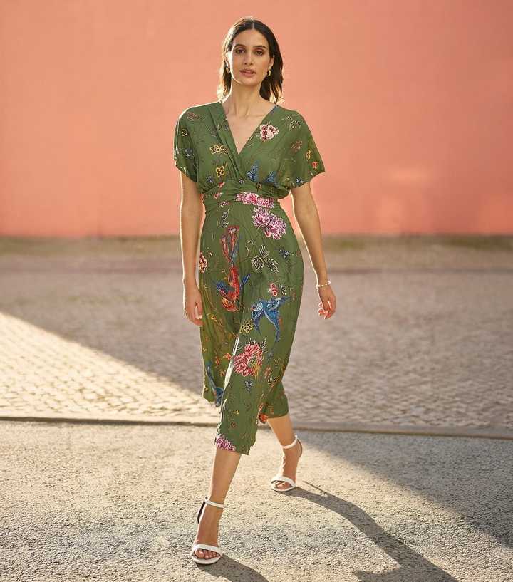 Yumi Green Bird Floral Print Wrap Style Midi Dress | New Look